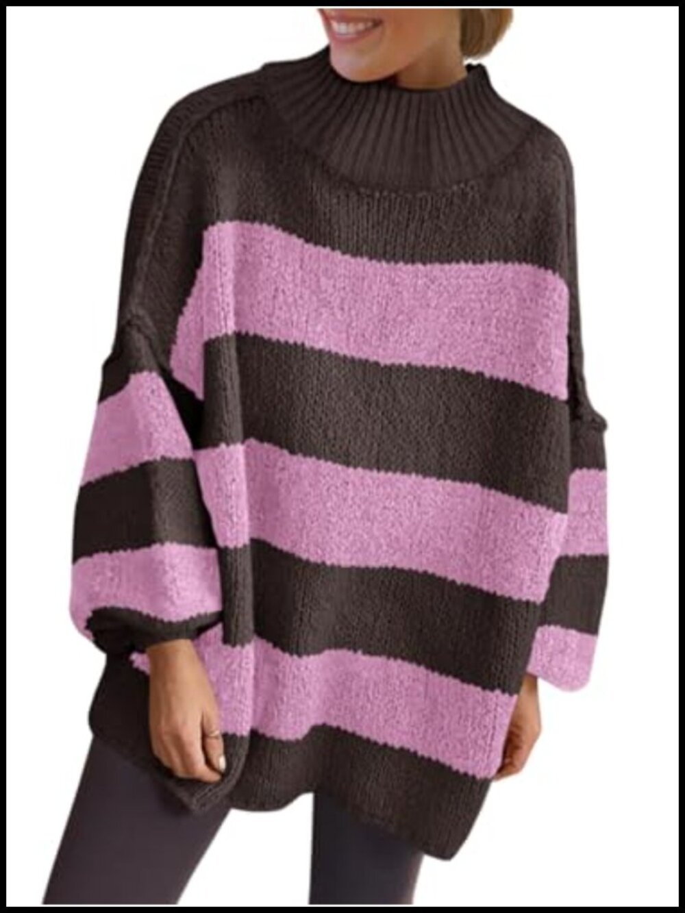 Oversized Striped Chunky Sweater Mock Neck Knit Long Sleeve Pullover